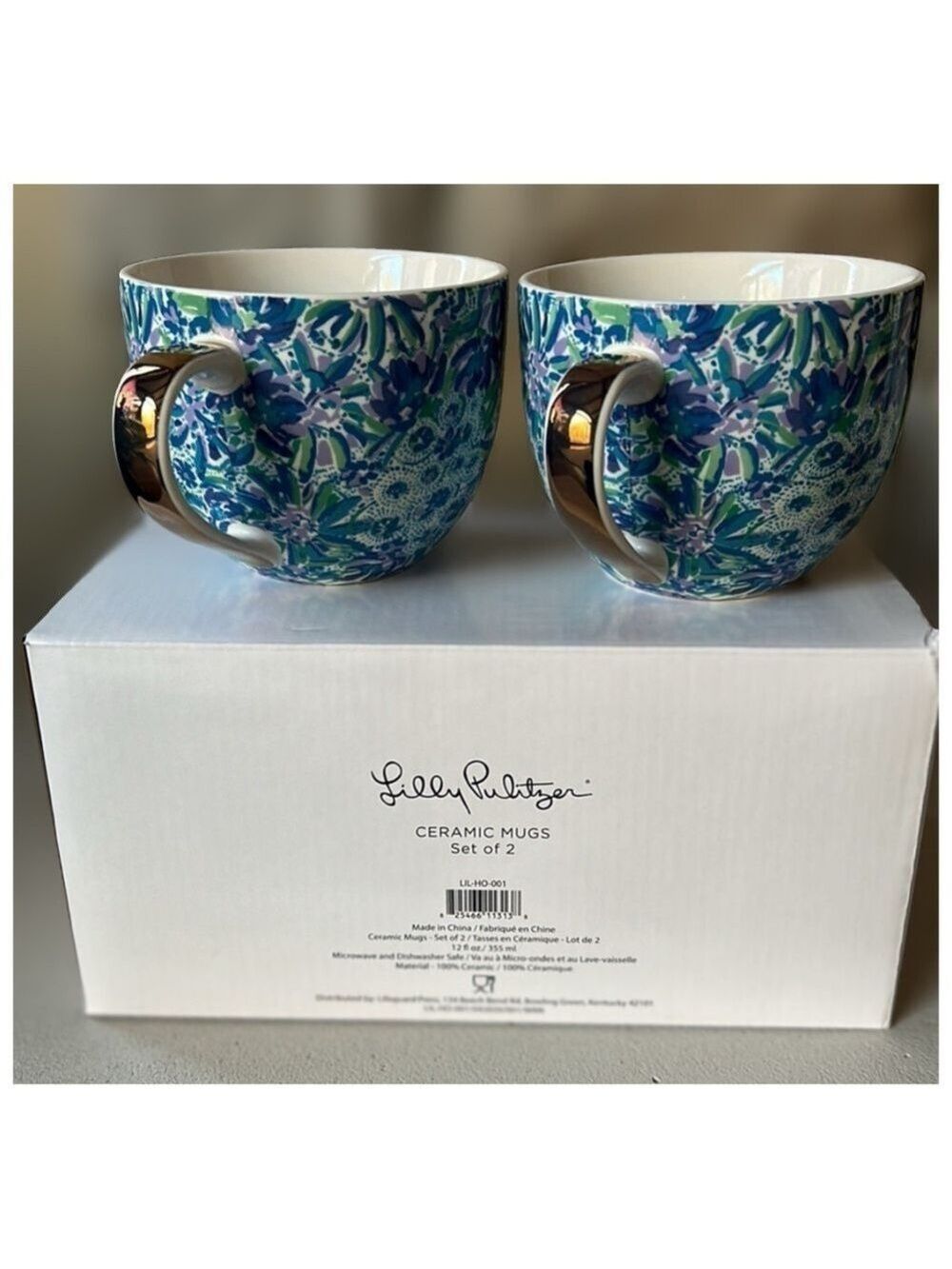 Lilly Pulitzer Set: 2 Oversized Mugs
"Lion Around" Blue Floral Gold Trim NIB - Picture 4 of 16